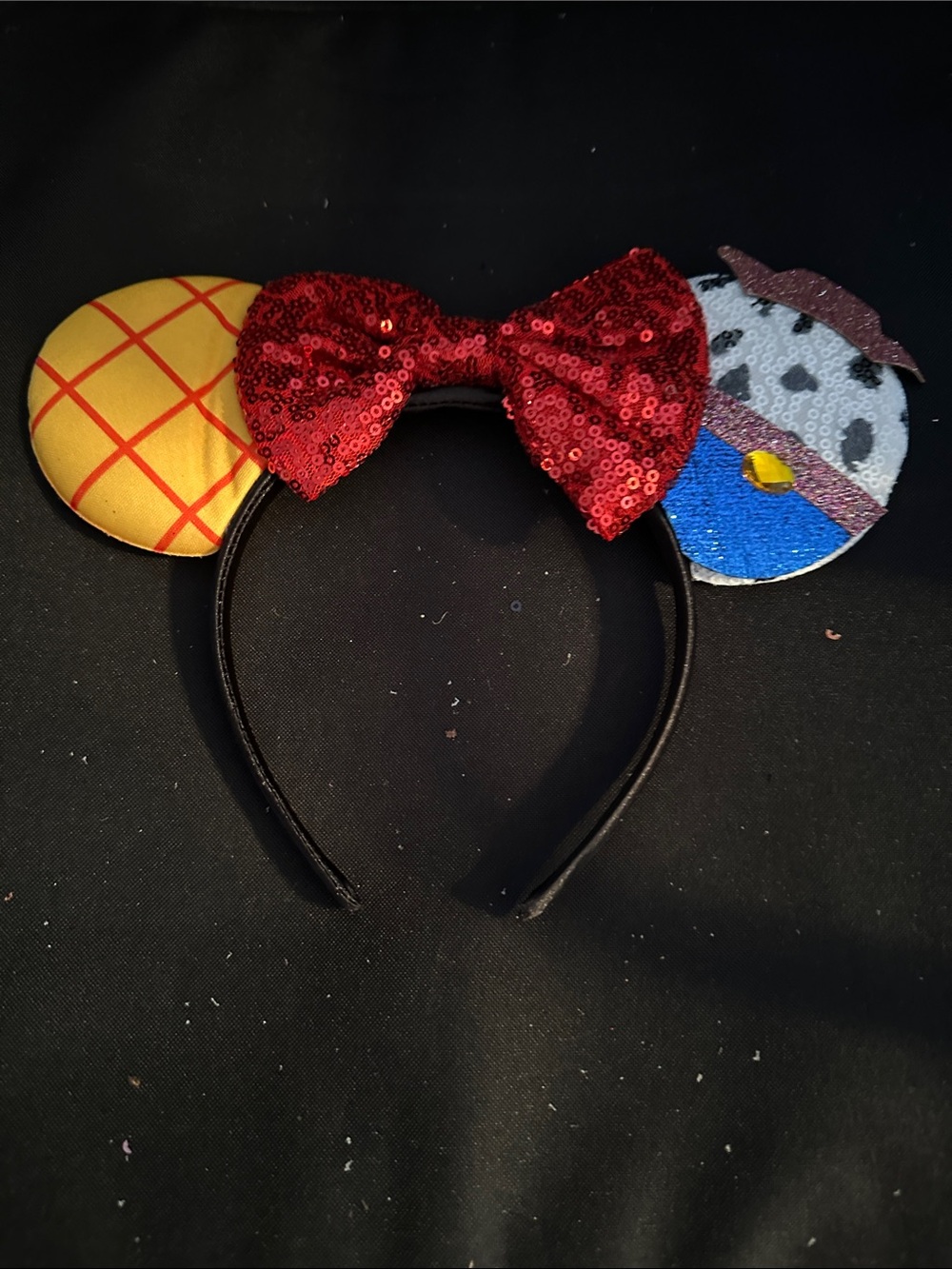 Toy Story Sequin Bow Ear Headband - Red Bow, Yellow & Blue Ears